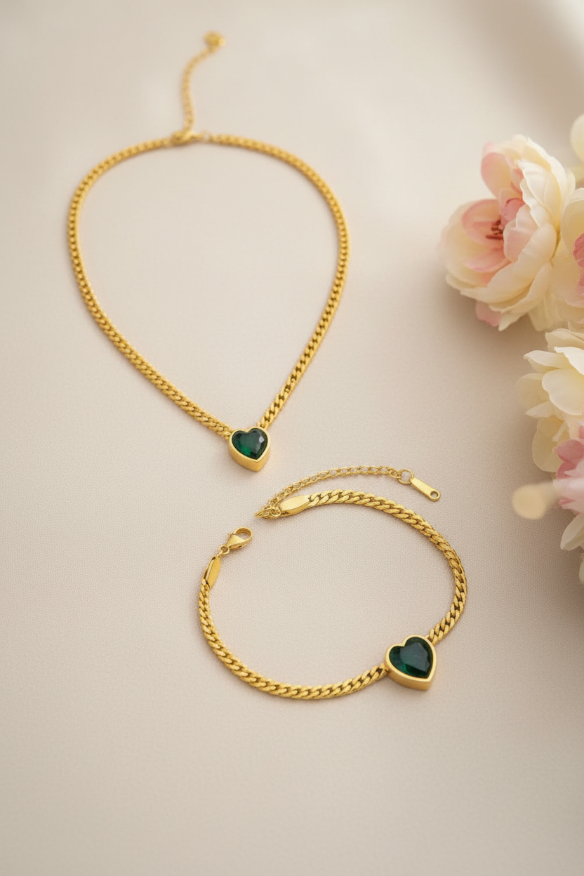 18K Gold Plated Green Heart Necklace & Bracelet Set – Stainless Steel Waterproof Jewelry Set for Women