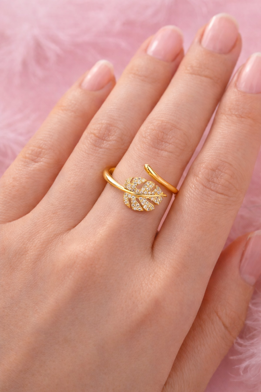 18K Gold Plated Leaf Open Ring – Zircon Adjustable Statement Ring for Women