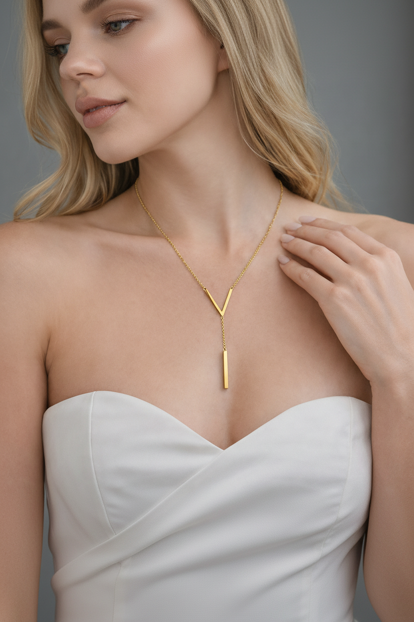 18K Gold Plated V Letter Pendant Necklace – Stainless Steel Cable Chain Minimalist Women’s Necklace