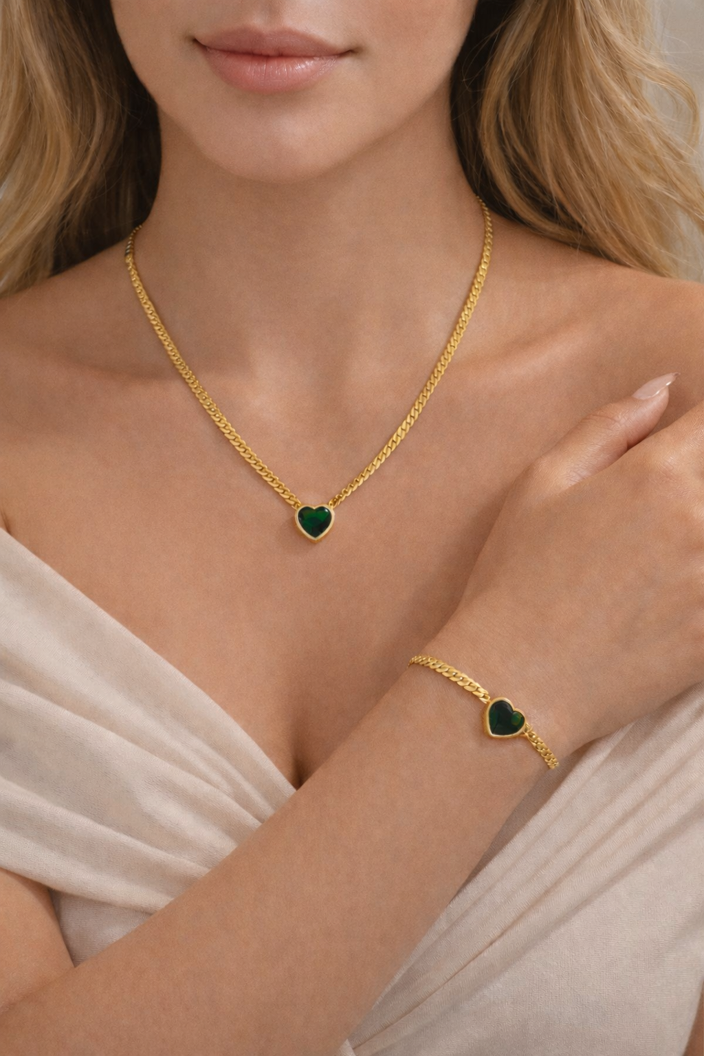 18K Gold Plated Green Heart Necklace & Bracelet Set – Stainless Steel Waterproof Jewelry Set for Women