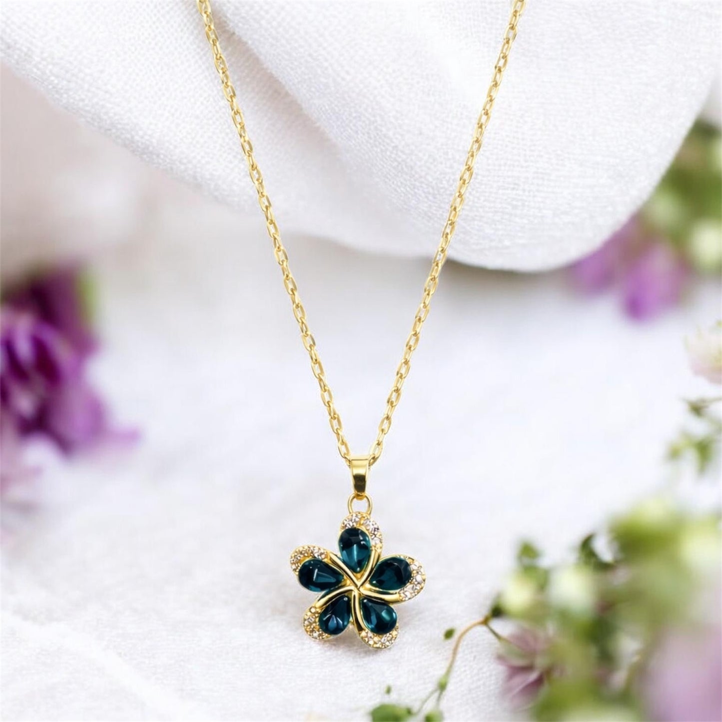 Green Crystal Flower Pendant Necklace – 18K Gold Plated