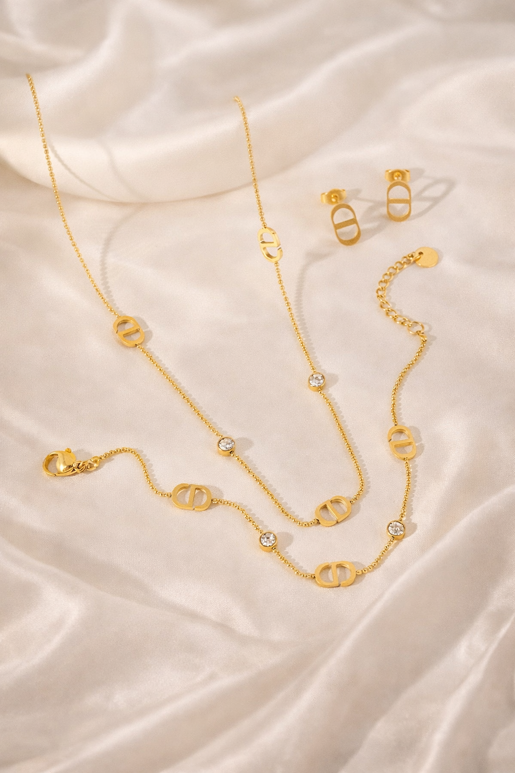 Korean Style 18K Gold Plated Geometric Jewelry Set – Necklace, Bracelet & Earrings Set for Women