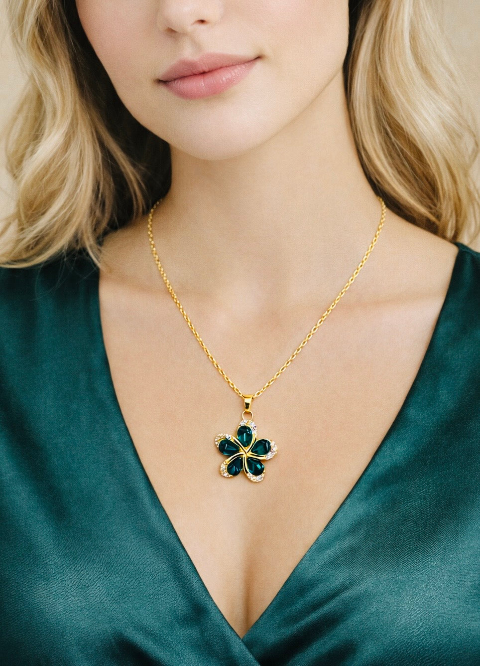 Green Crystal Flower Pendant Necklace – 18K Gold Plated