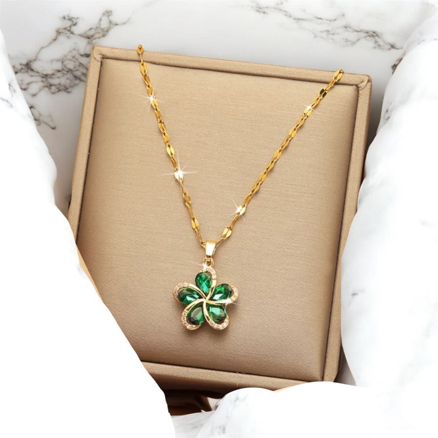Green Crystal Flower Pendant Necklace – 18K Gold Plated