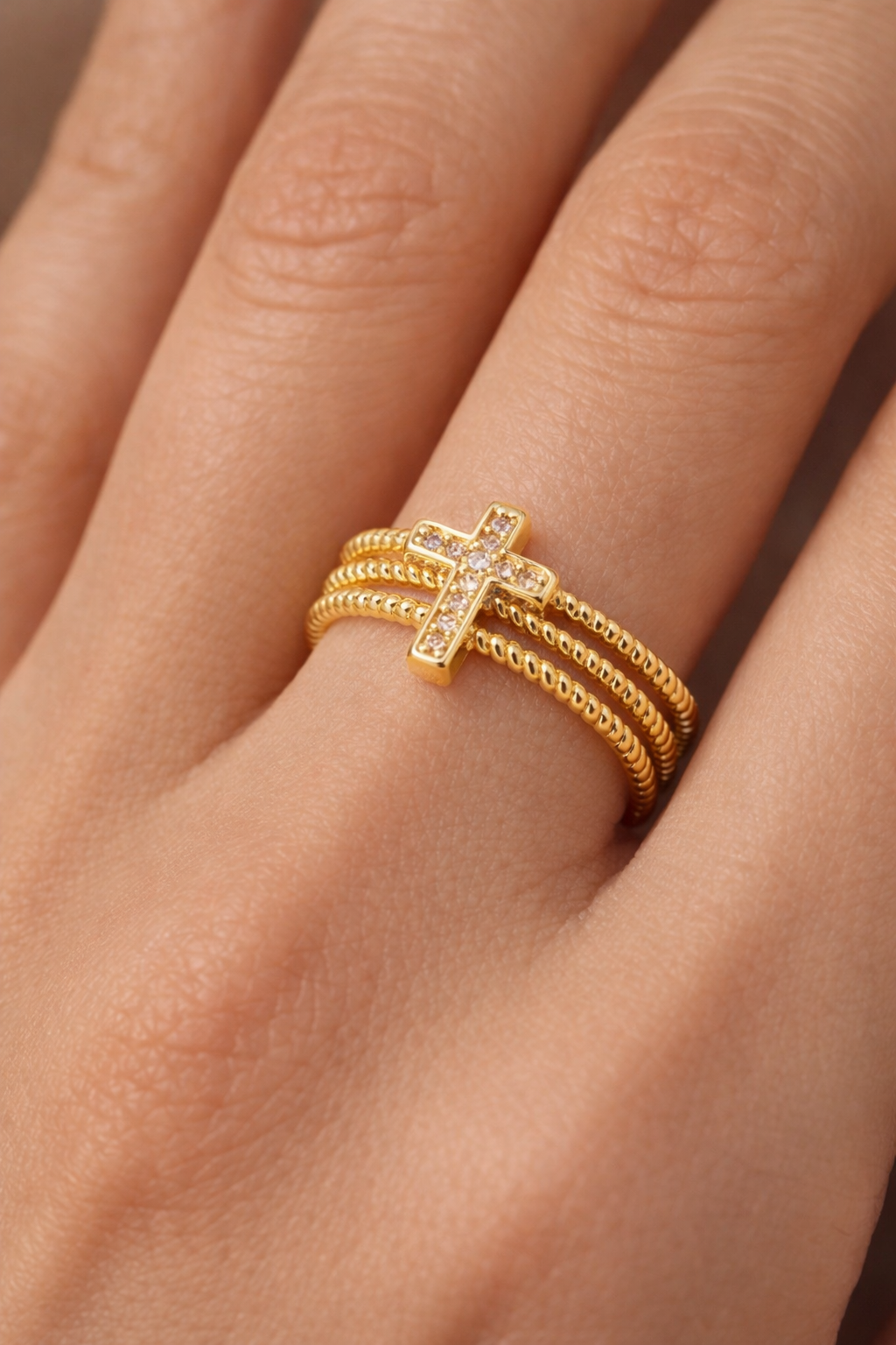 Gold Plated Cross Open Ring – Adjustable Stainless Steel Waterproof Non-Tarnish Fashion Ring for Women