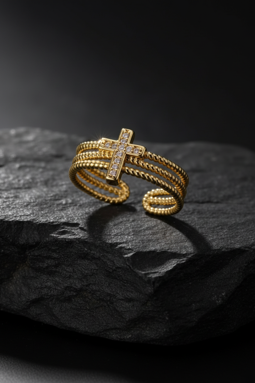 Gold Plated Cross Open Ring – Adjustable Stainless Steel Waterproof Non-Tarnish Fashion Ring for Women