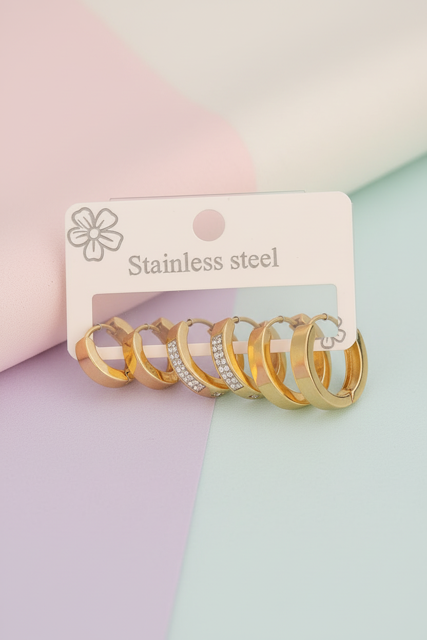 3 Pairs Gold Hoop Earrings Set – Stainless Steel Rhinestone Huggie Hoops for Women
