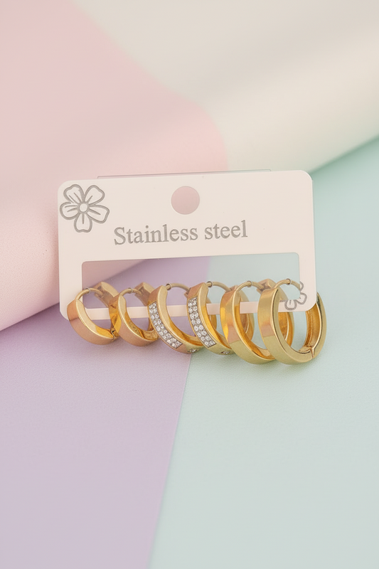 3 Pairs Gold Hoop Earrings Set – Stainless Steel Rhinestone Huggie Hoops for Women