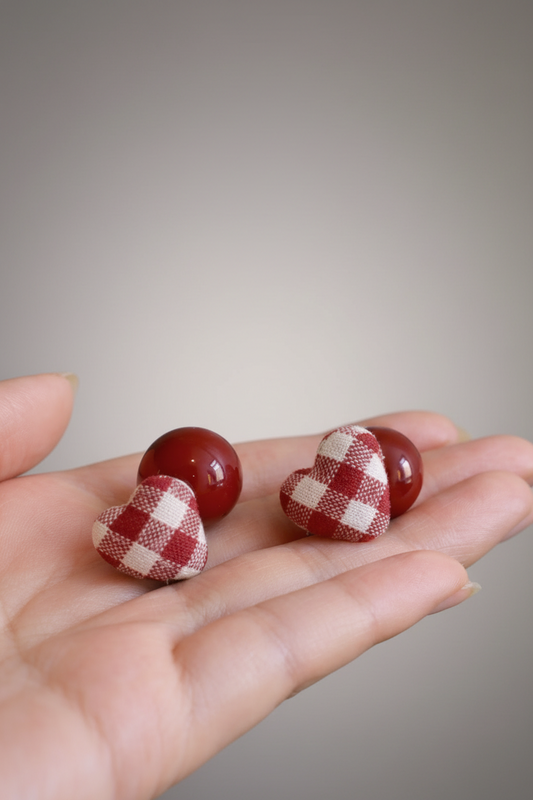 Red Heart Gingham Drop Earrings – Cute Vintage Style Statement Earrings for Women