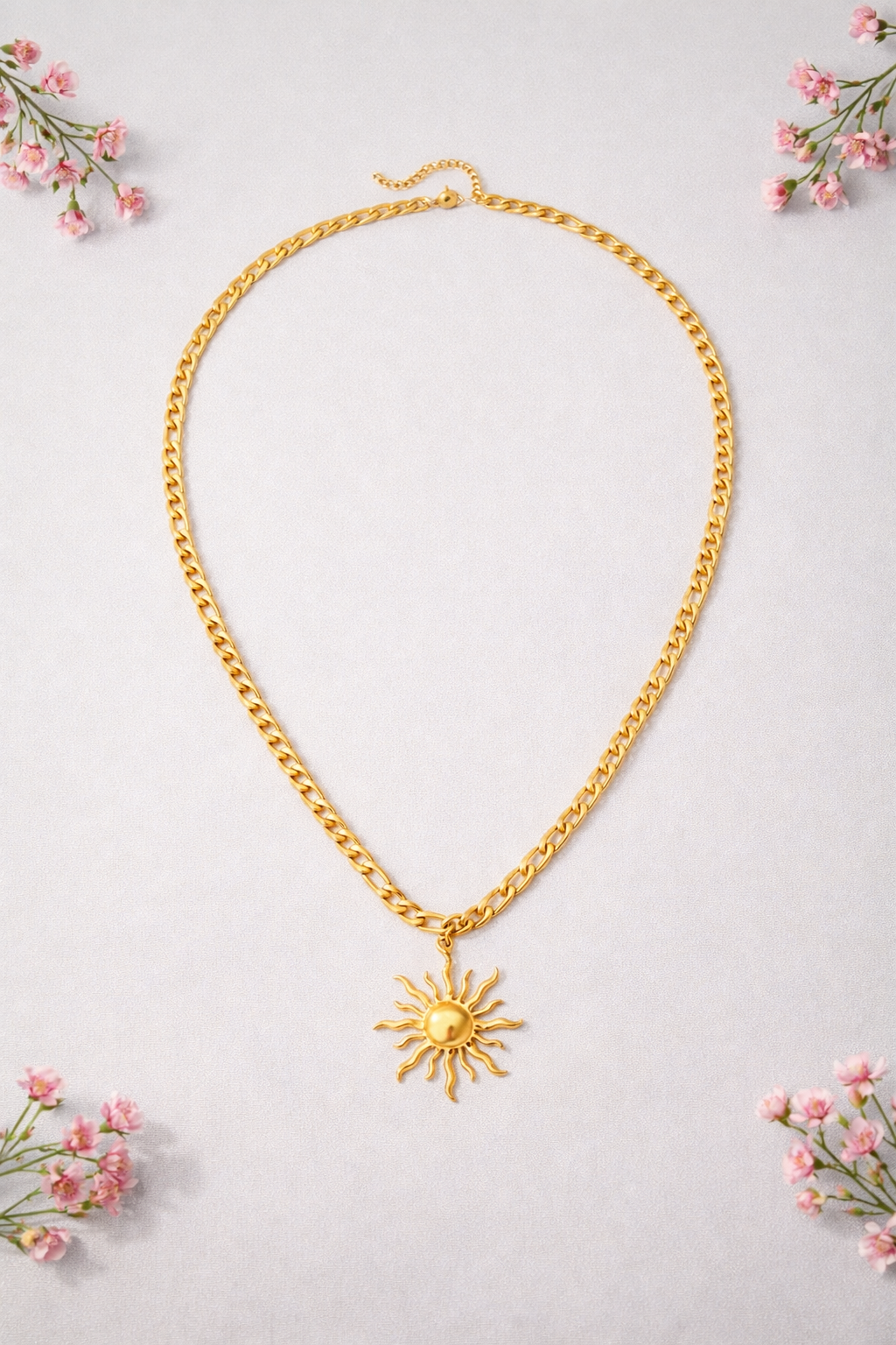 18K Gold Plated Sunflower Pendant Necklace – Waterproof Stainless Steel Figaro Chain