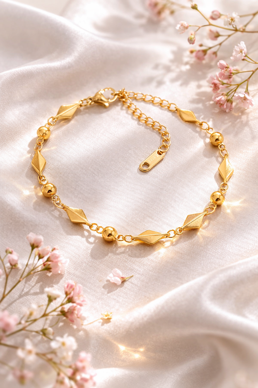 18K Gold Plated Geometric Bead Bracelet – Stainless Steel Adjustable Chain for Women