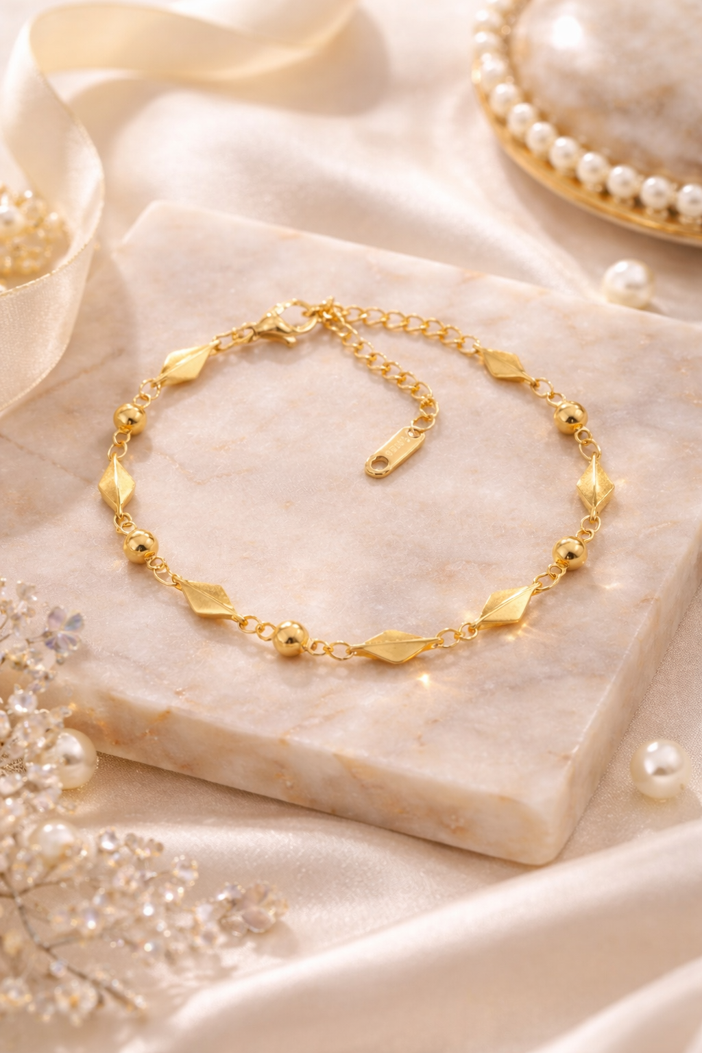 18K Gold Plated Geometric Bead Bracelet – Stainless Steel Adjustable Chain for Women
