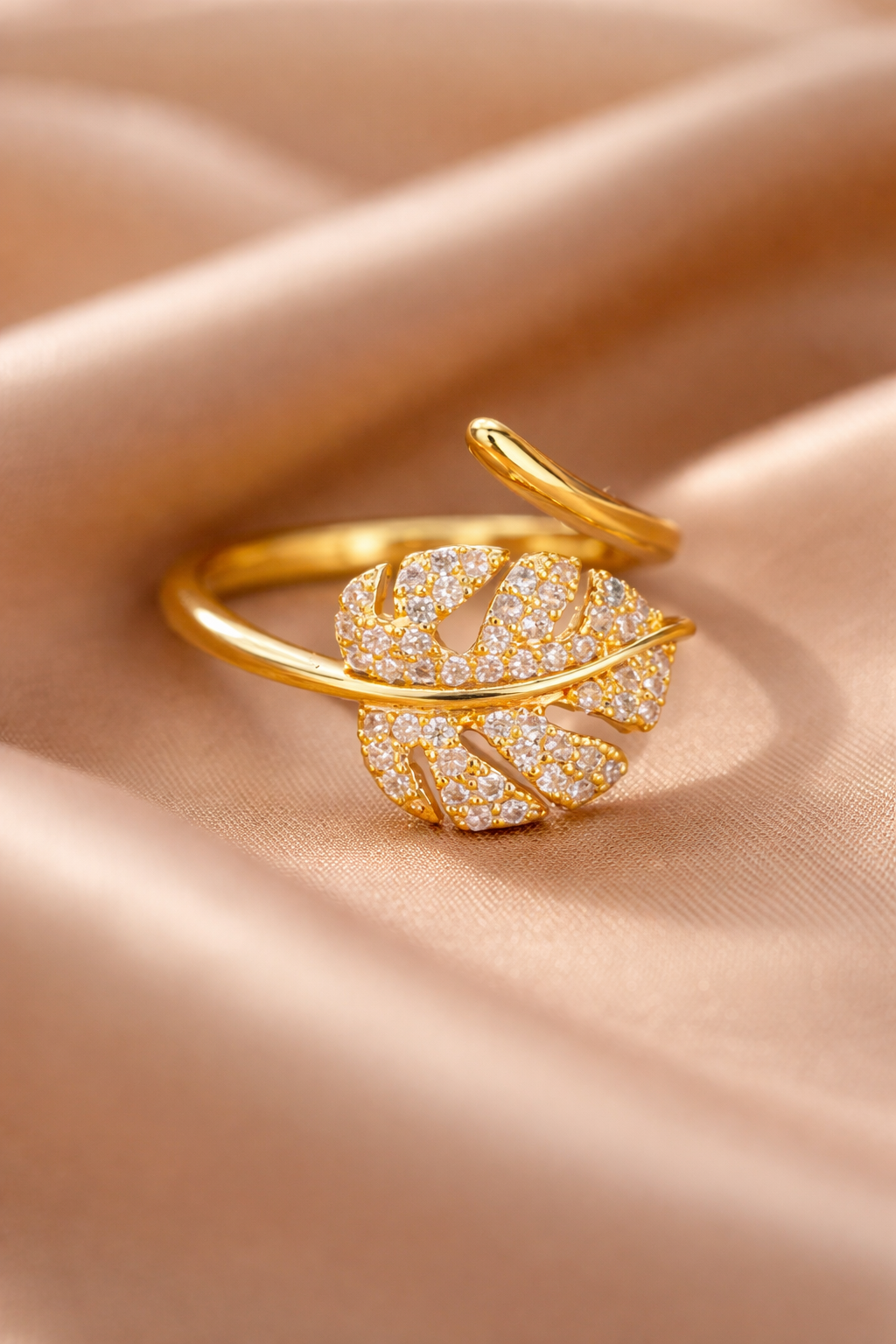 18K Gold Plated Leaf Open Ring – Zircon Adjustable Statement Ring for Women