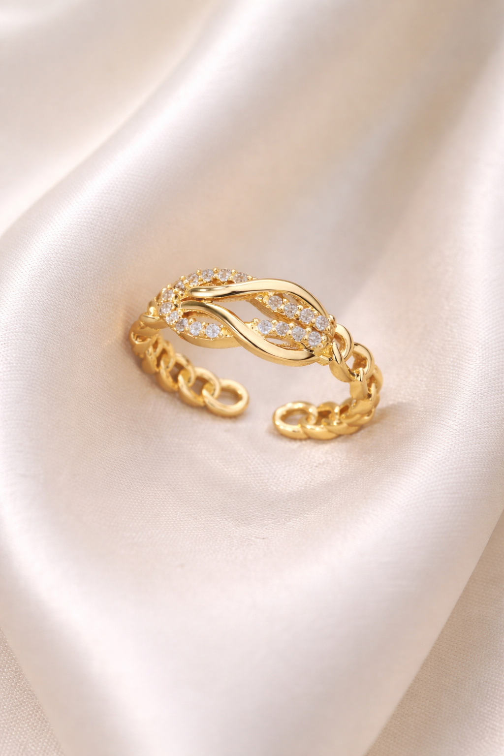 18K Gold Plated Infinity Chain Ring – Zircon Adjustable Statement Ring for Women