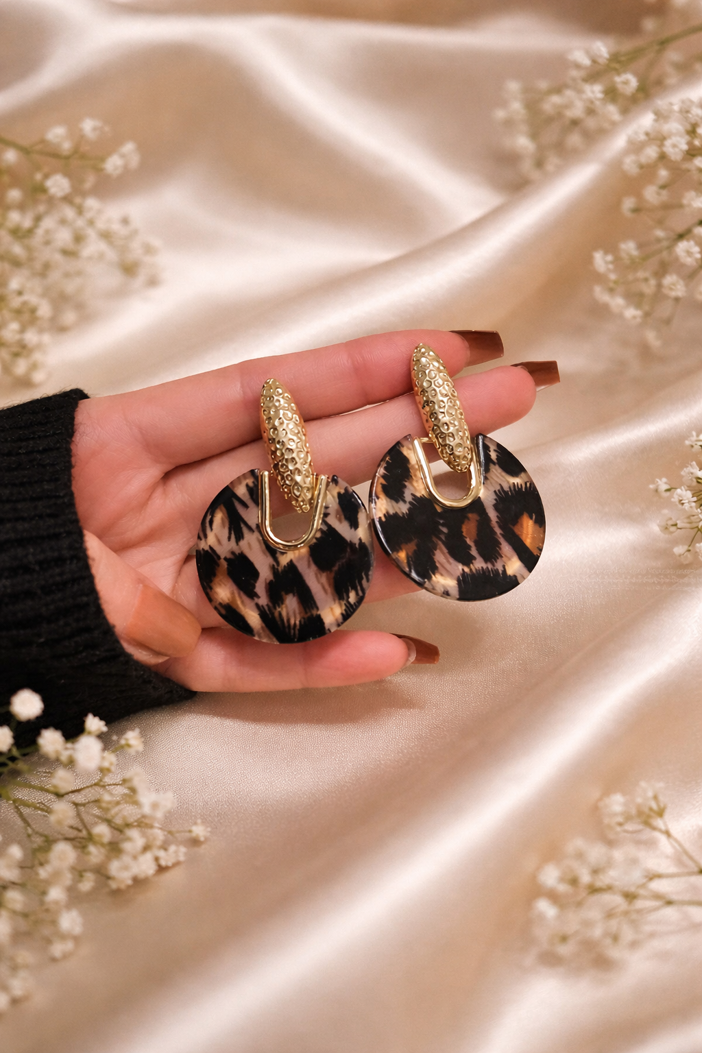 Leopard Print Resin Drop Earrings – Gold Geometric Statement Earrings for Women
