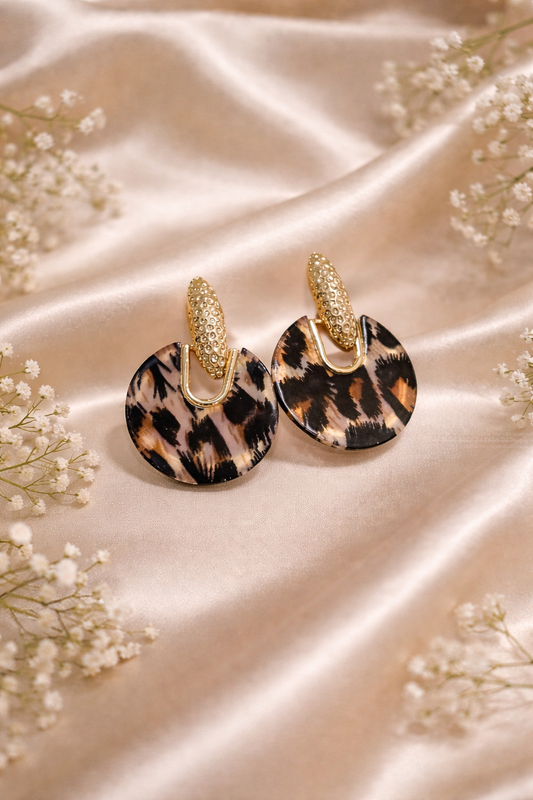 Leopard Print Resin Drop Earrings – Gold Geometric Statement Earrings for Women