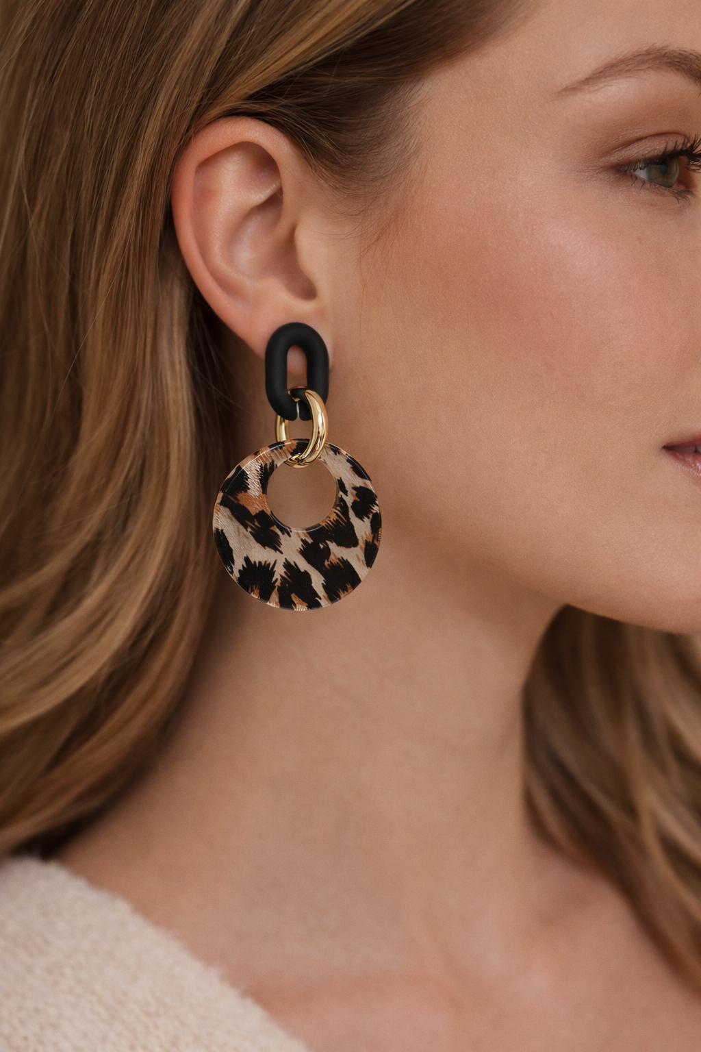 Leopard Print Geometric Resin Drop Earrings – Gold Statement Earrings for Women