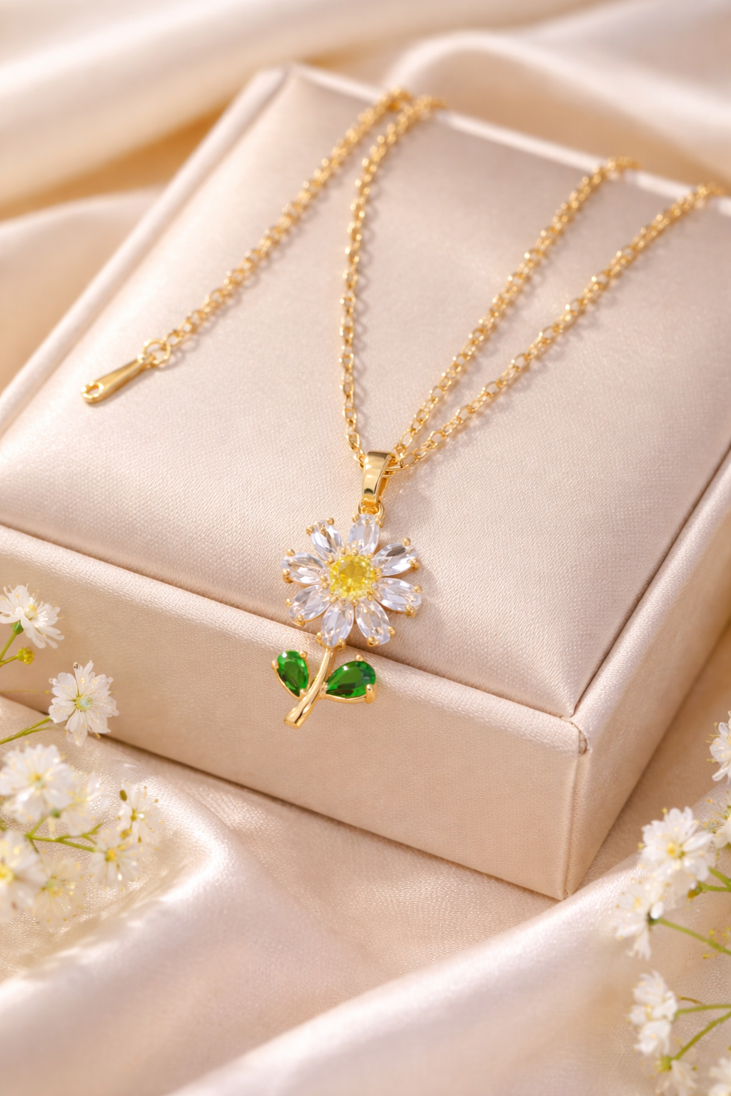 18K Gold Plated Flower Pendant Necklace – Zircon Stainless Steel Coffee Bean Chain