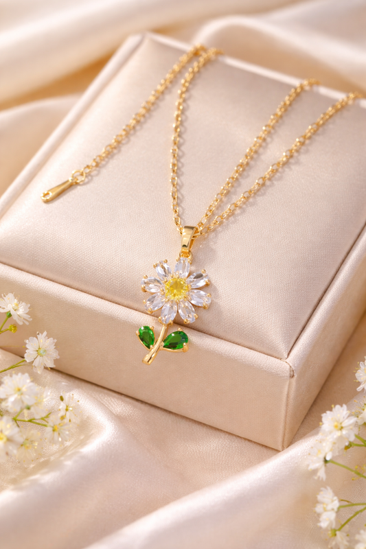 18K Gold Plated Flower Pendant Necklace – Zircon Stainless Steel Coffee Bean Chain