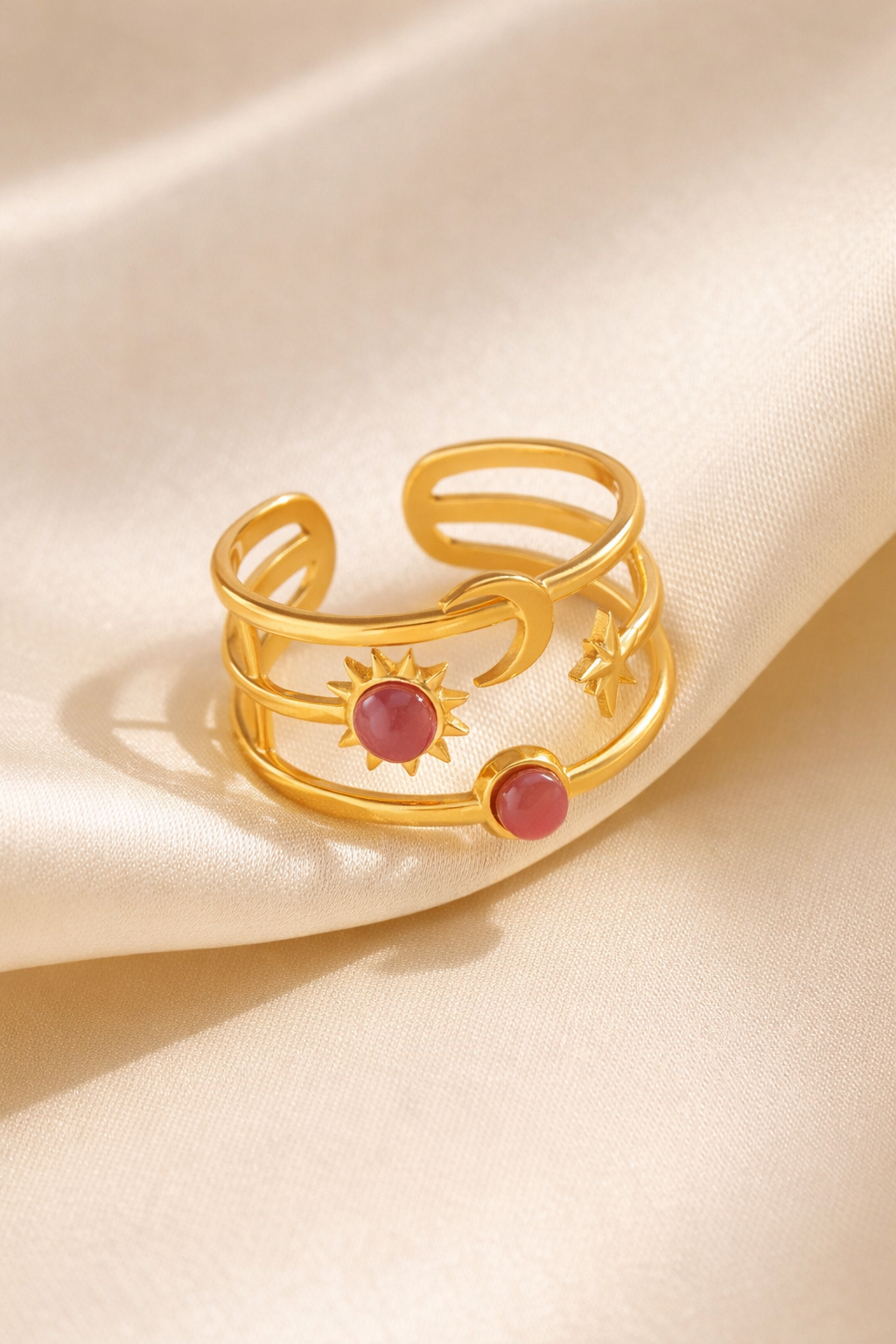 18K Gold Plated Sun Moon Star Adjustable Ring – Waterproof Stainless Steel Open Ring