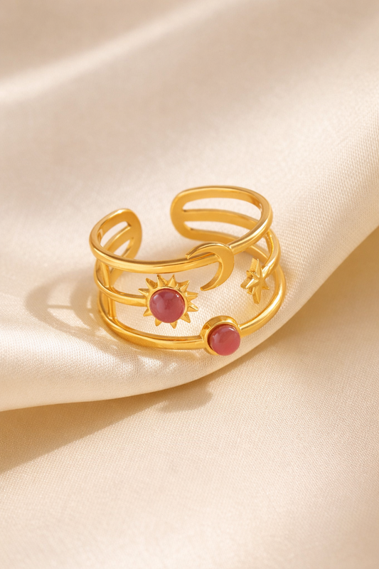 18K Gold Plated Sun Moon Star Adjustable Ring – Waterproof Stainless Steel Open Ring