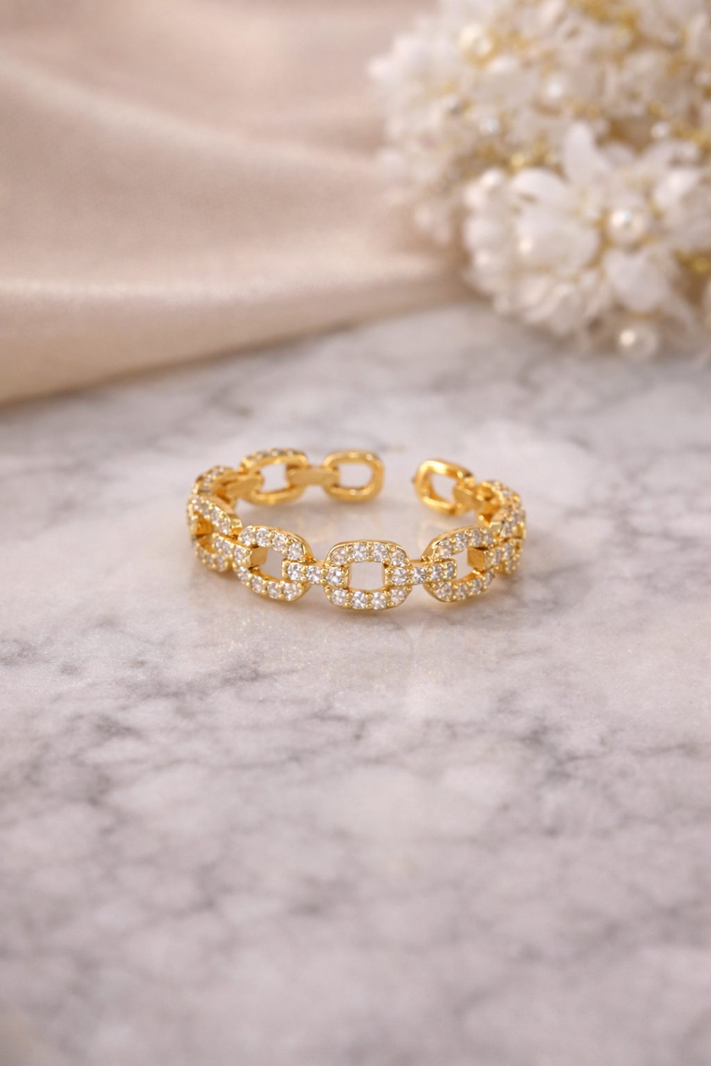 18K Gold Plated Chain Link Zircon Ring – Adjustable Waterproof Statement Ring for Women