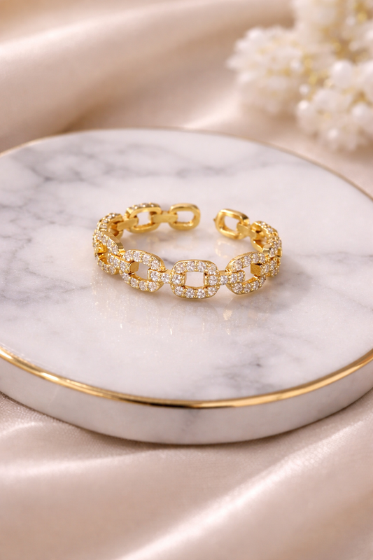 18K Gold Plated Chain Link Zircon Ring – Adjustable Waterproof Statement Ring for Women
