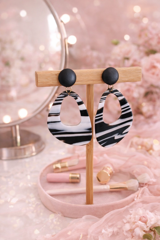 Black & White Geometric Resin Drop Earrings – Lightweight Statement Earrings for Women